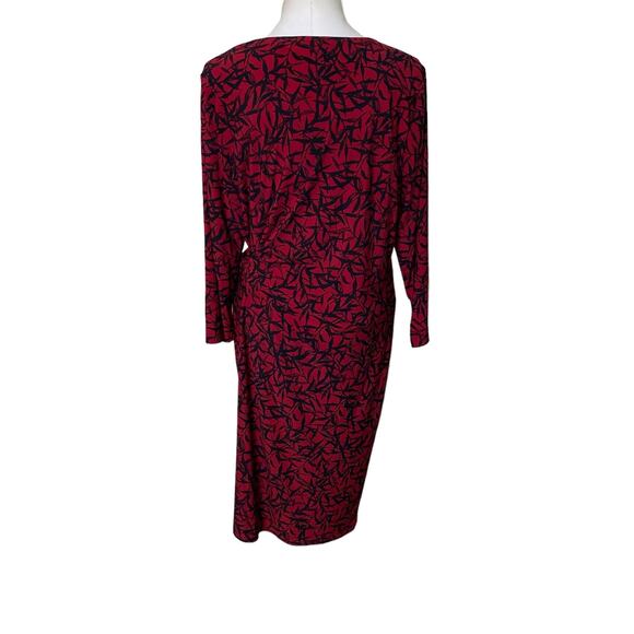 Evan Picone Black Label Red Black Floral Gathered Waist Long Sleeve Dress Sz XL - Picture 5 of 12